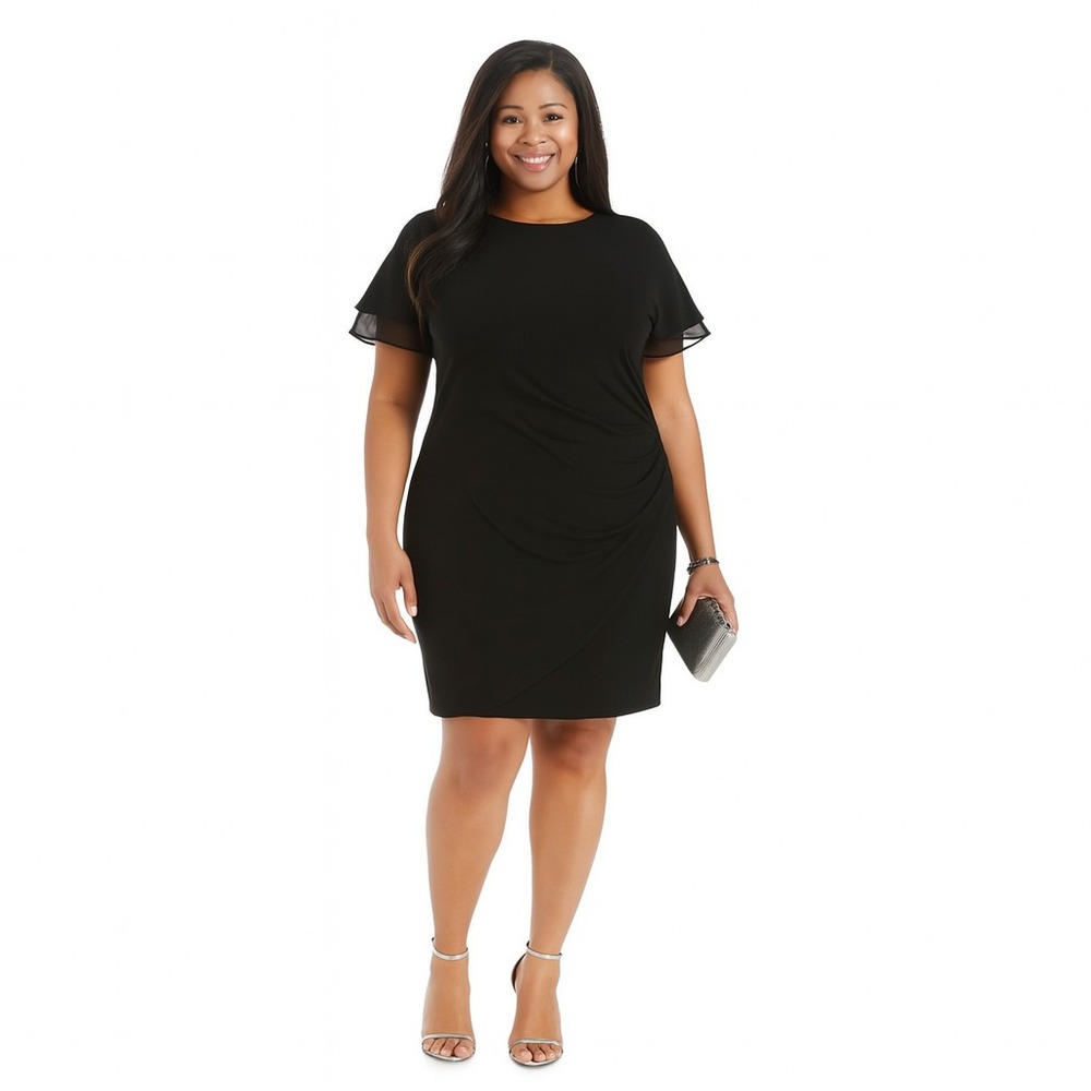 Jessica Howard Plus Size Flutter Sleeve Side Ruched Dress Black Short Size 18W